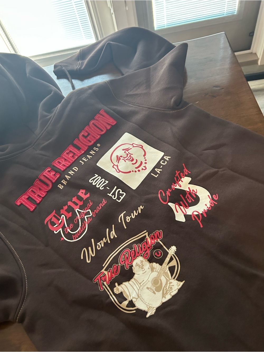 True Religion Men’s Brown Hoodie with Red & Cream Graphics